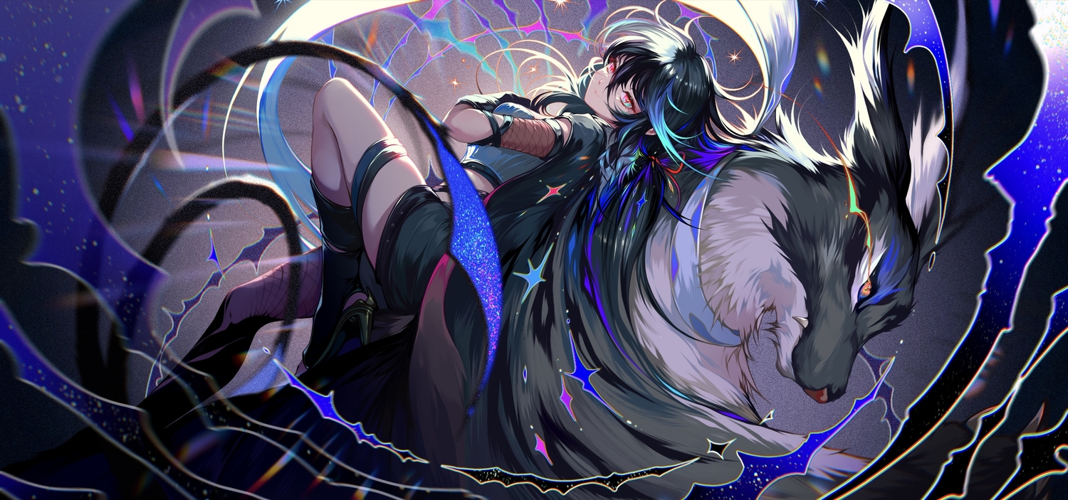 animal, azusa0v0, black_hair, dungeon_and_fighter, elbow_gloves, garter, gloves, long_hair