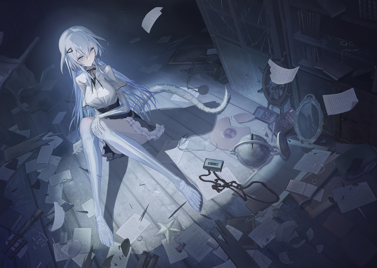 barefoot, blue_eyes, bones, book, bow, glasses, gray_hair, long_hair