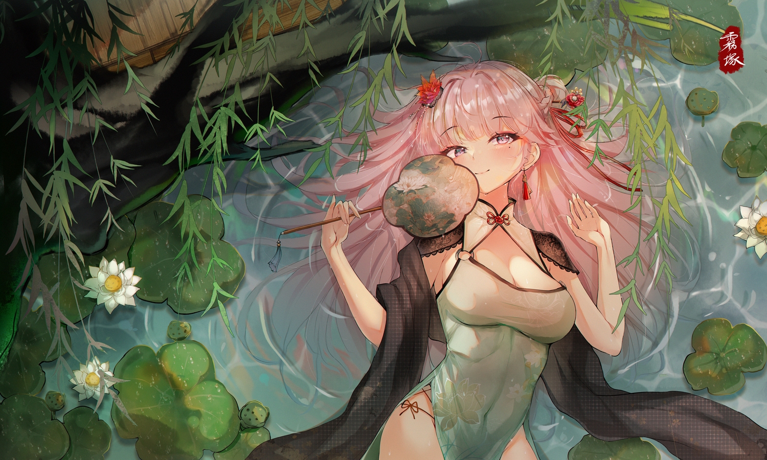 blush, braids, breasts, chinese_clothes, chinese_dress, cleavage, dress, fan, flowers, kirituka_yuuka, leaves, long_hair, original, pink_hair, purple_eyes, water
