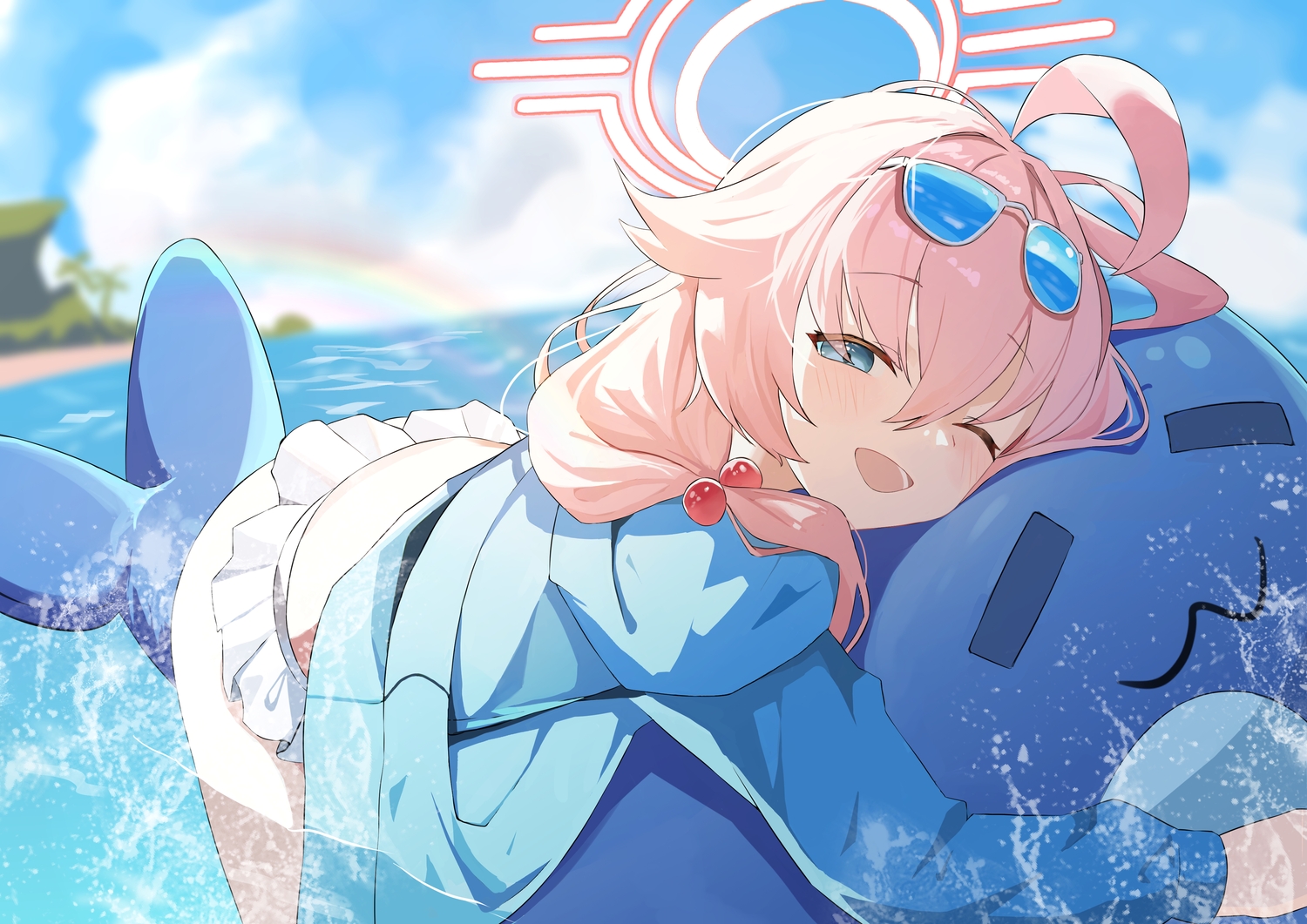 bikini, blue_archive, blue_eyes, blush, chun_jiang, close, clouds, halo