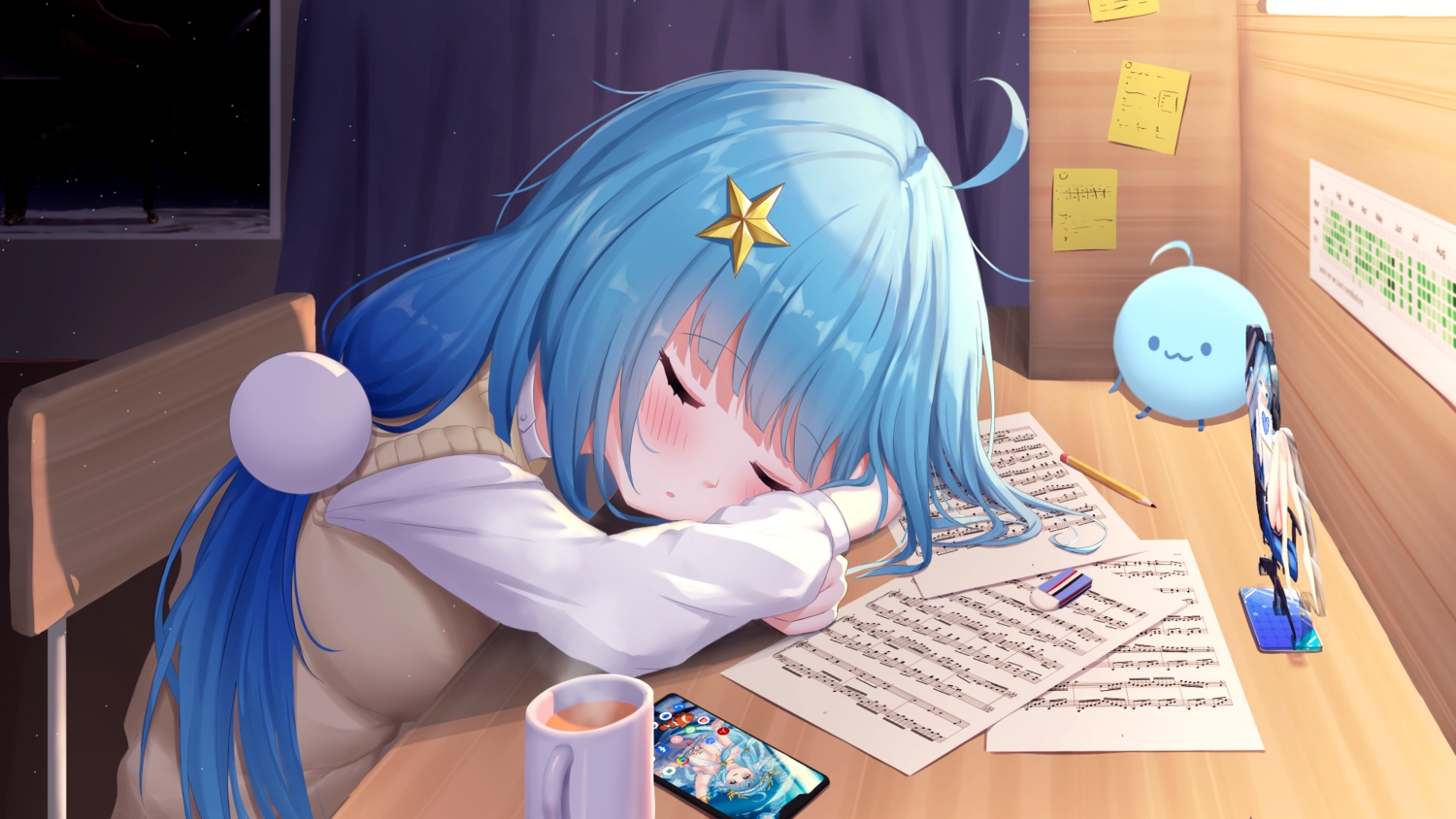 aliasing, aqua_hair, blush, drink, indie_virtual_youtuber, long_hair, merak_(vtuber), paper