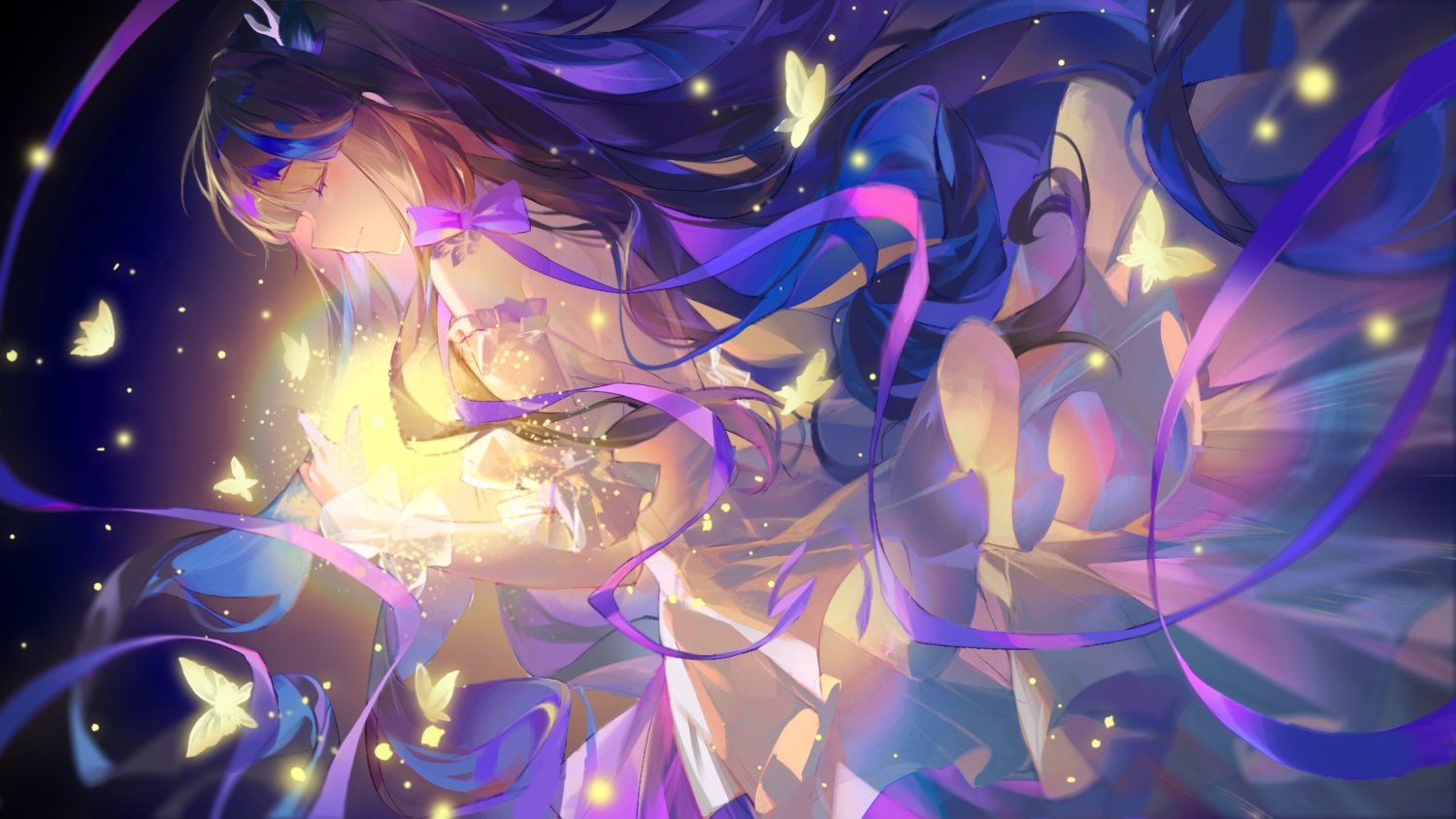 airi_kanna, blackmeow, bow, brown_hair, butterfly, crossover, dress, honkai_(series)
