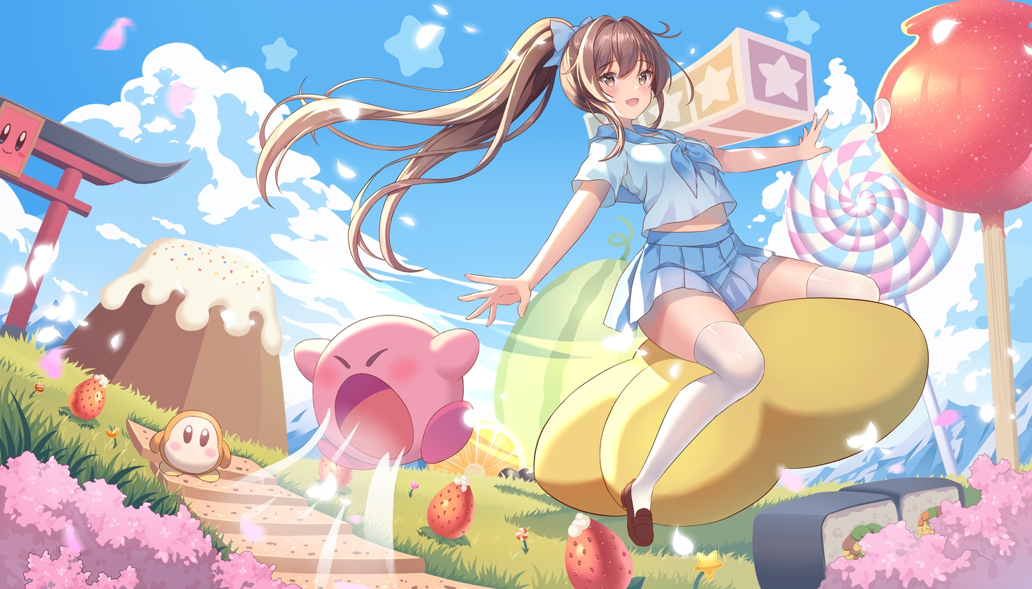 apple, bow, brown_eyes, brown_hair, cake, candy, clouds, flowers