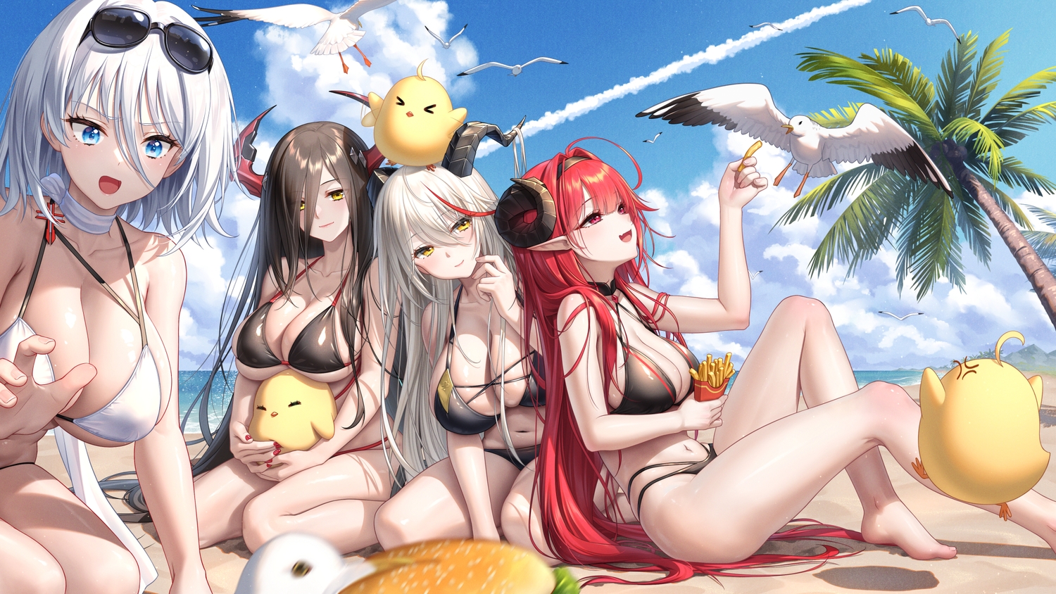 aegir_(azur_lane), animal, anthropomorphism, azur_lane, barefoot, beach, bikini, bird