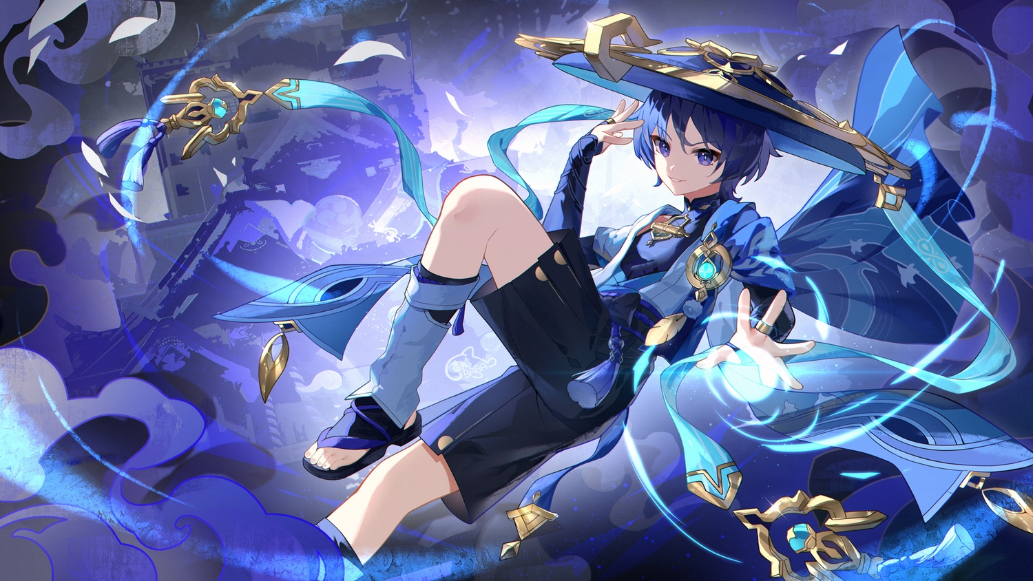 all_male, blue_hair, elbow_gloves, genshin_impact, gloves, hat, magic, male