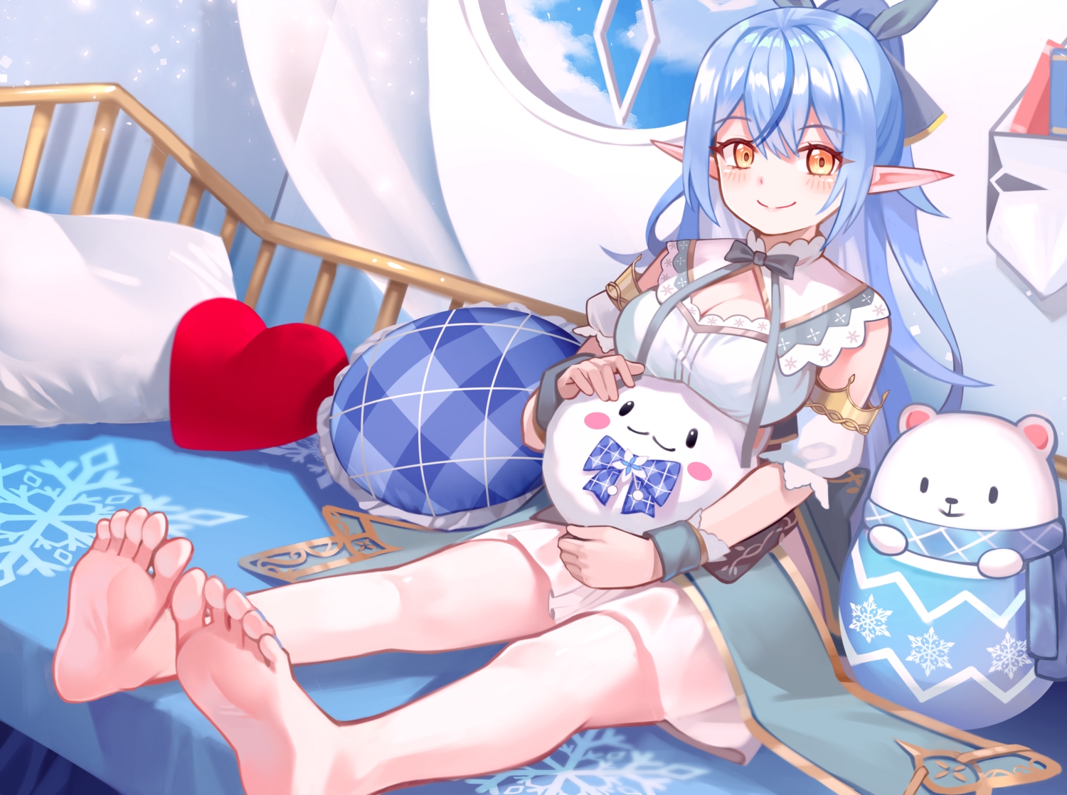 barefoot, bed, blue_hair, blush, bow, breast_hold, breasts, cleavage