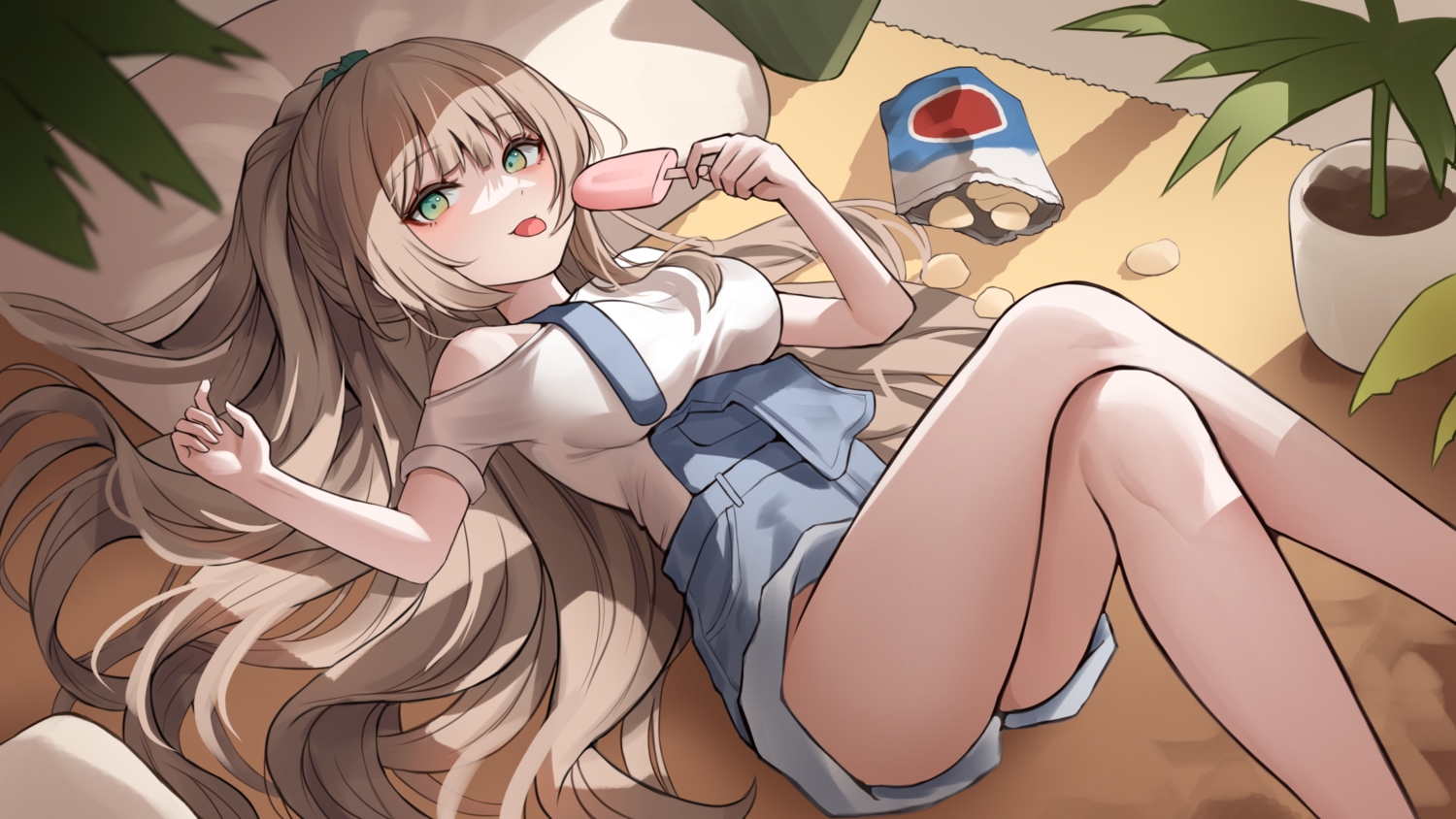 brown_hair, erbium, food, green_eyes, leaves, long_hair, original, ponytail
