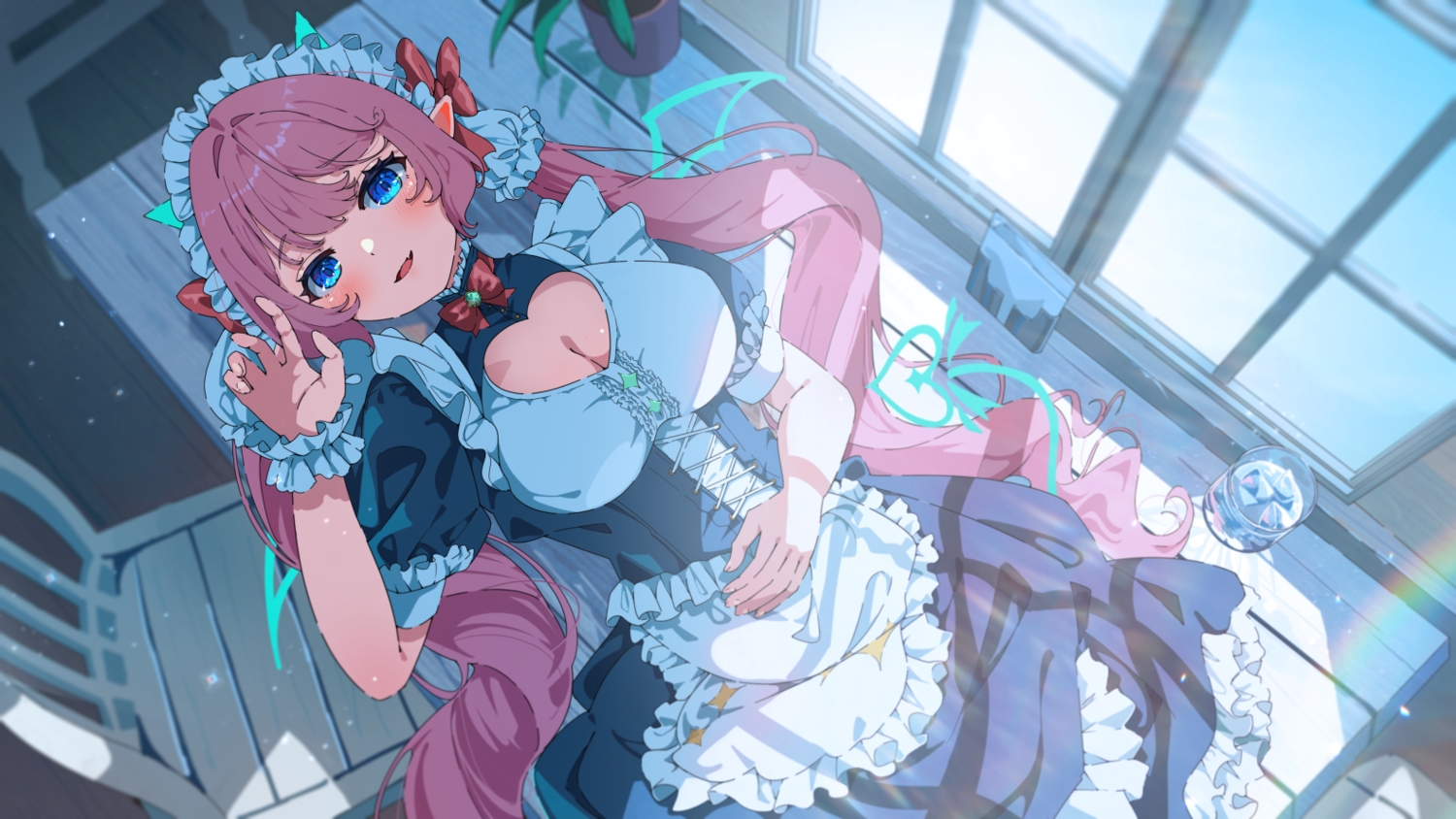 apron, blue_eyes, blush, bow, breasts, cleavage, corset, dress