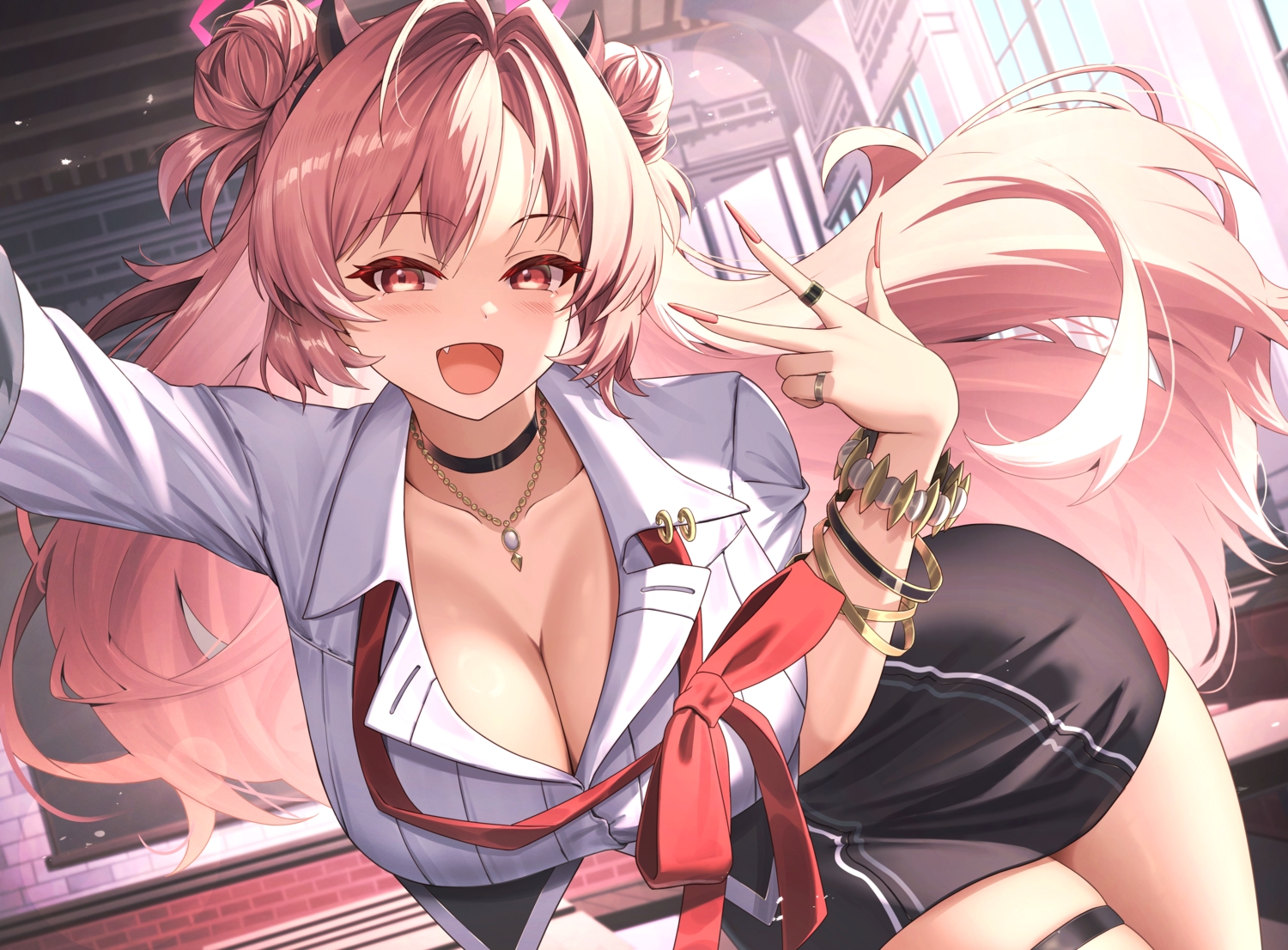 blue_archive, blush, bow, breasts, choker, cleavage, close, eiryu33, fang, garter, halo, headband, horns, long_hair, necklace, pink_eyes, pink_hair, shirt, skirt, wristwear, yozakura_kirara
