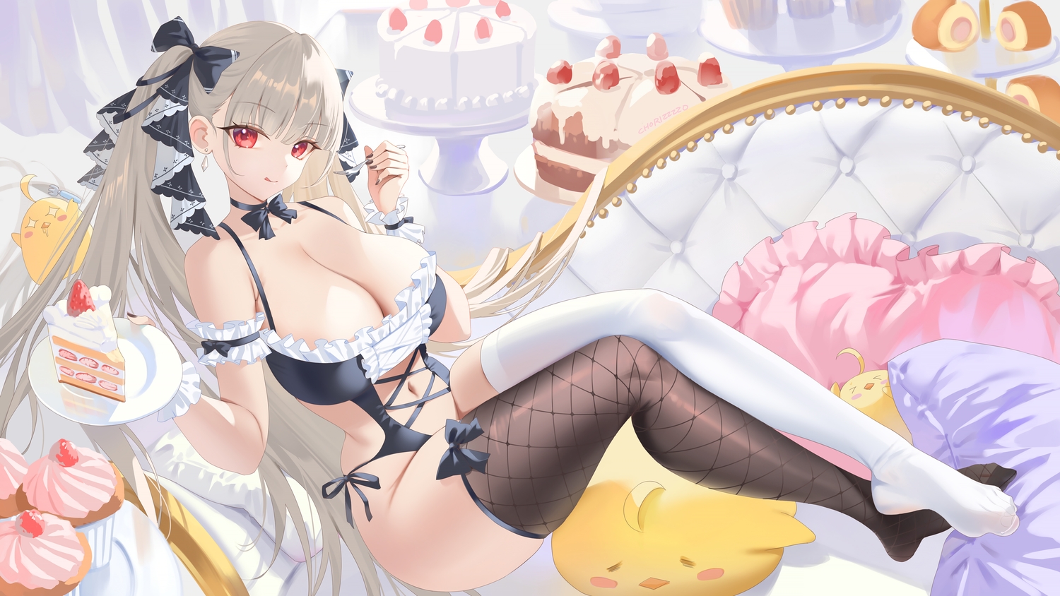 animal, anthropomorphism, azur_lane, bird, bow, breasts, cake, choker, cleavage, couch, food, formidable_(azur_lane), fruit, gray_hair, leotard, long_hair, manjuu_(azur_lane), navel, red_eyes, strawberry, thighhighs, twintails, wristwear, zzo_(chorizzzzo)