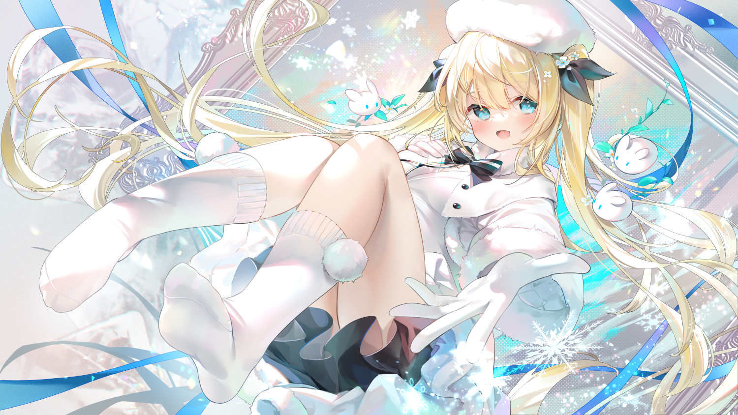 aliasing, aqua_eyes, blonde_hair, blush, bow, breast_hold, bunny, c_chan_(vtuber)