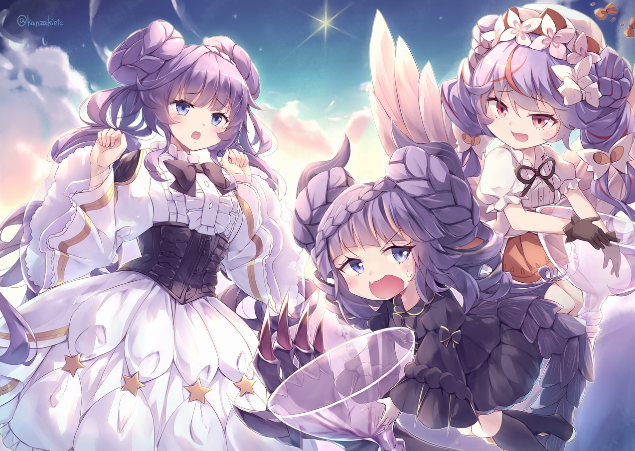 angello_vaalmonica, blush, bow, braids, clouds, corset, dimonno_vaalmonica, dress, fang, flat_chest, gloves, goth-loli, hat, horns, kanzakietc, lolita_fashion, long_hair, pink_eyes, purple_eyes, purple_hair, selettrice_vaalmonica, signed, sky, stars, yu-gi-oh