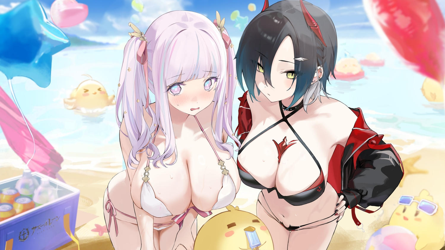 2girls, animal, anthropomorphism, azur_lane, ball, beach, bird, black_hair