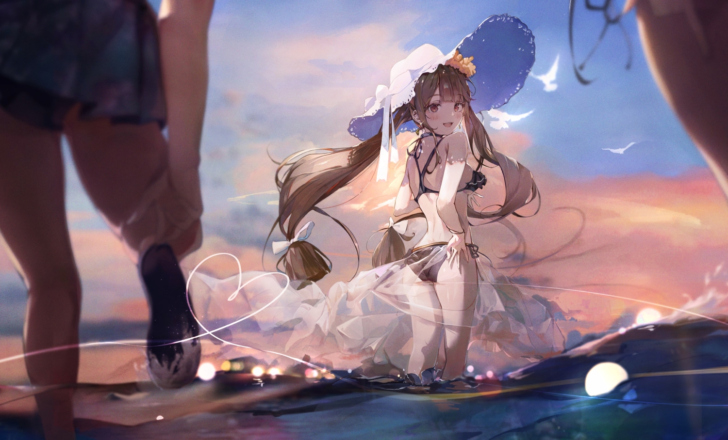 ass, bikini, blush, breasts, brown_hair, butterfly, choker, clouds, hat, i!roha, long_hair, original, red_eyes, see_through, skirt, sky, sunset, swimsuit, twintails, water, wristwear