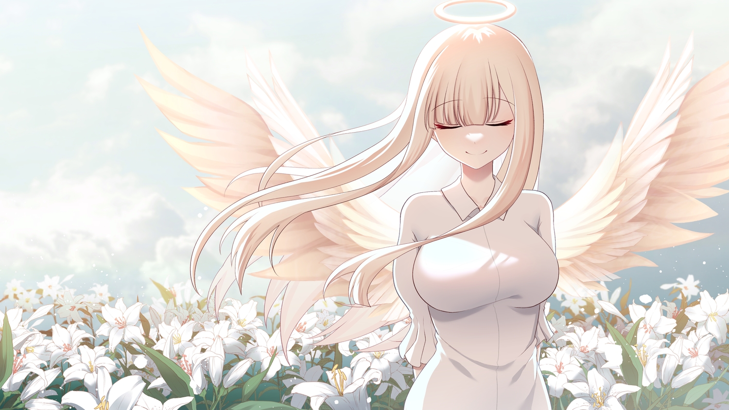 angel, blonde_hair, clouds, dress, flowers, halo, llg062666, long_hair, rong_chuhan, sky, wings