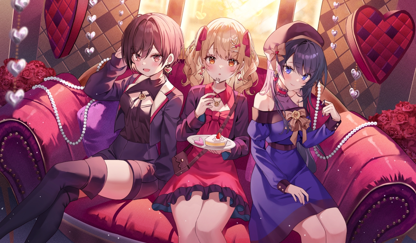 azusawa_kohane, black_hair, blonde_hair, blush, boots, bow, breasts, brown_hair