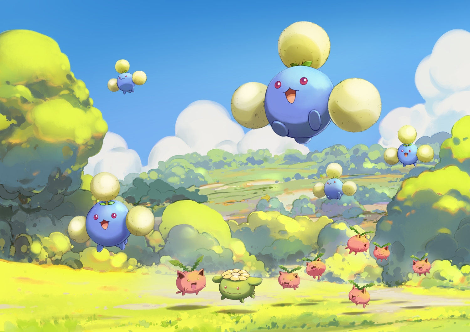 clouds, fish.boy, grass, hoppip, jumpluff, no_humans, pokemon, scenic