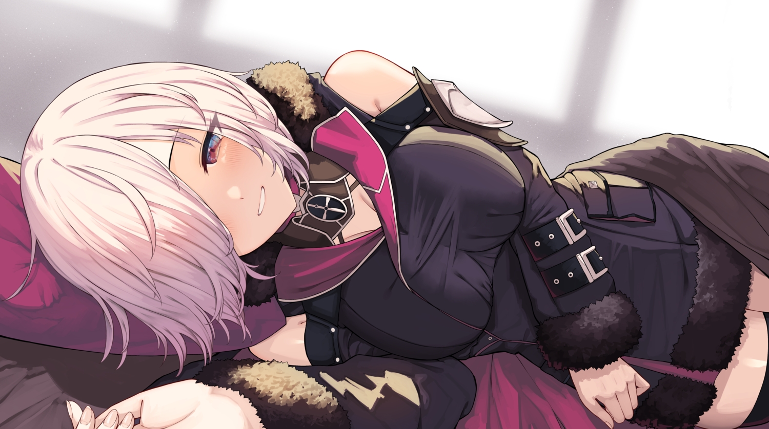 armor, bed, blush, breast_hold, breasts, dress, red_eyes, shadowverse
