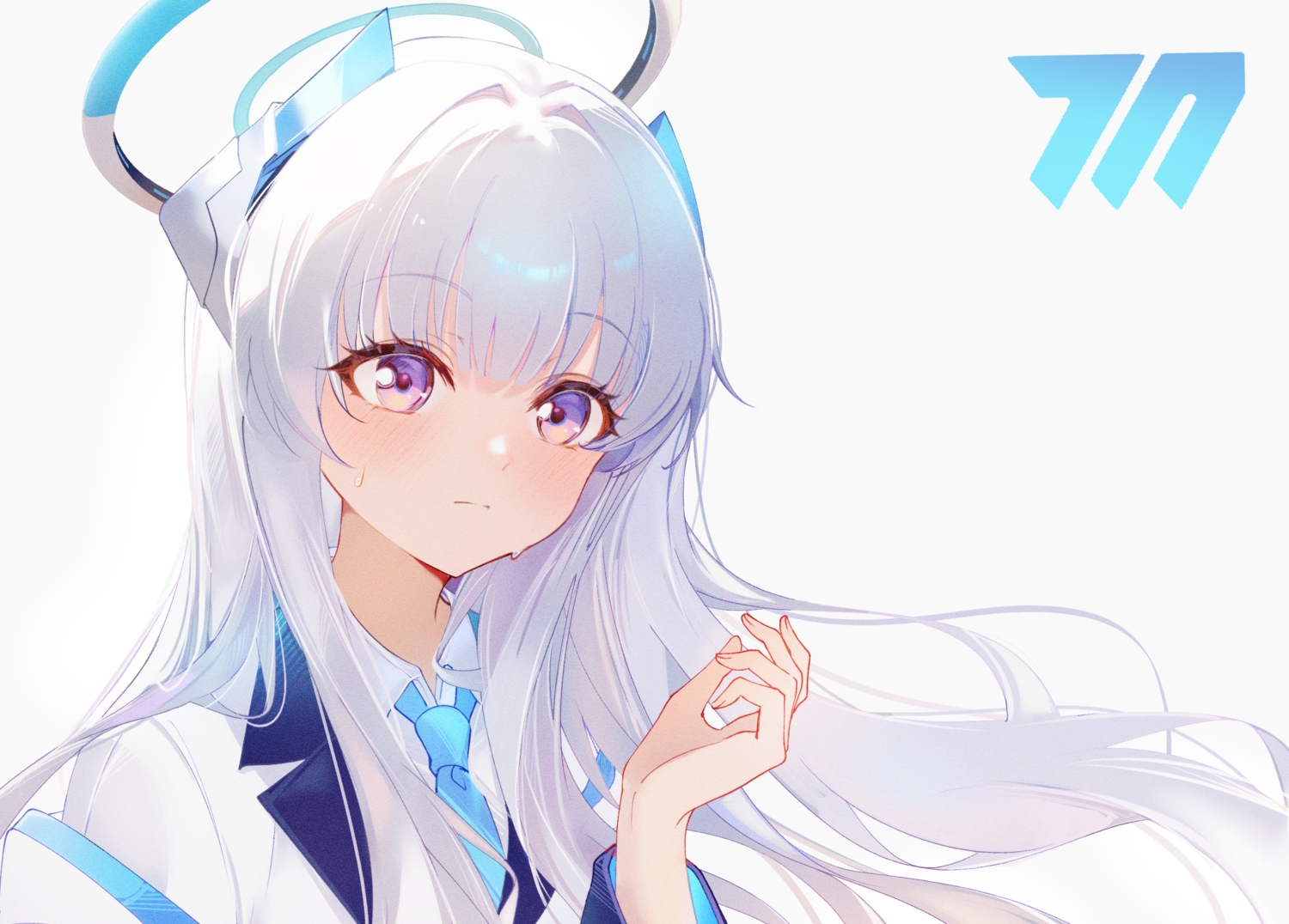 blue_archive, blush, close, gray_hair, halo, long_hair, onmoynn, purple_eyes, school_uniform, tie, ushio_noa, white
