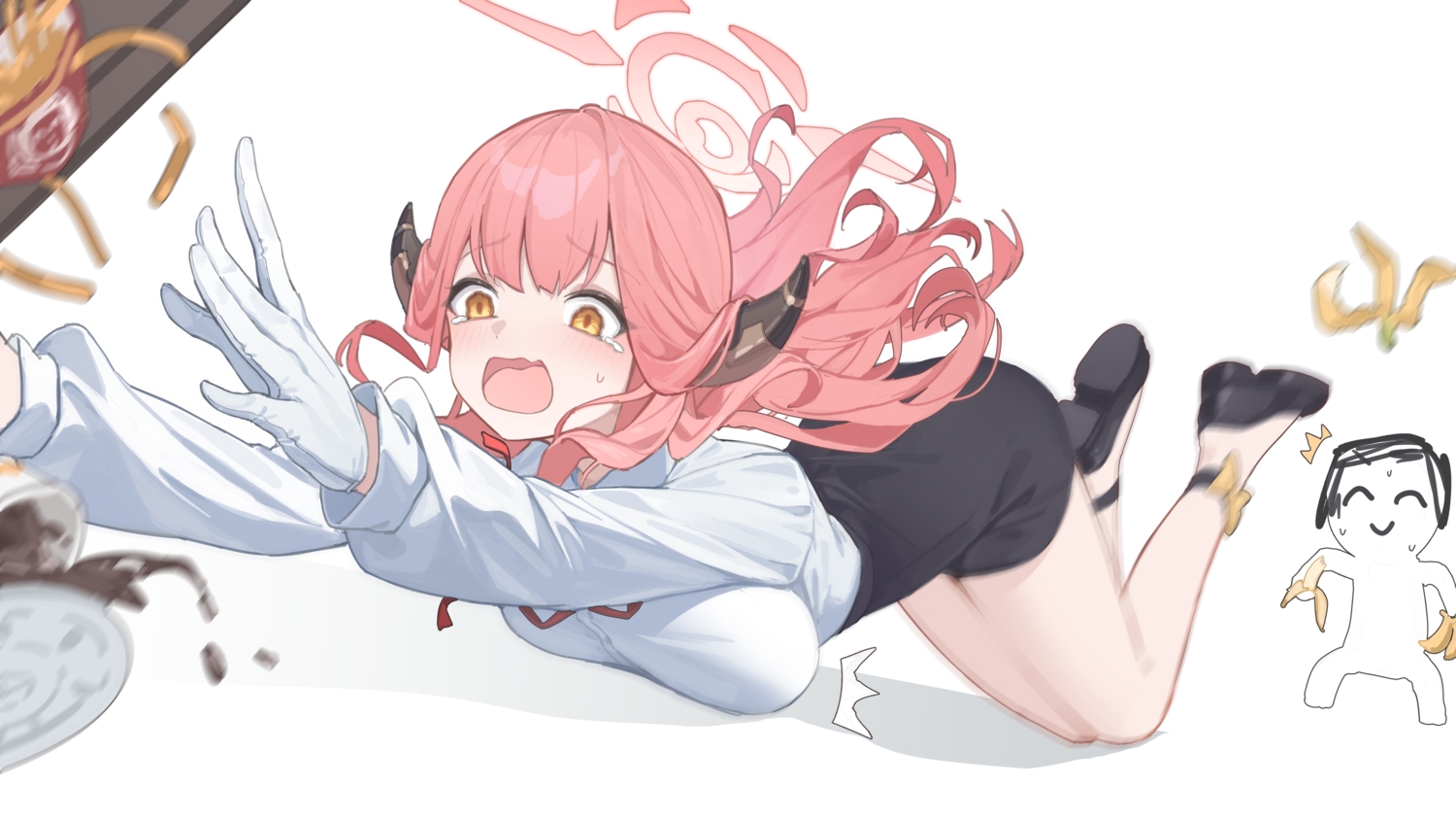 blue_archive, blush, breasts, chiyo_akira, crying, drink, food, fruit