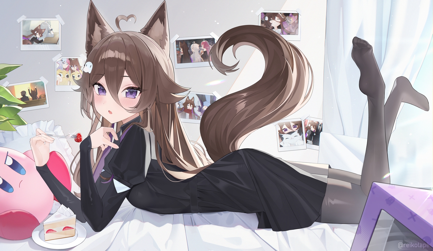 animal_ears, bed, blush, brown_hair, cake, dress, food, foxgirl