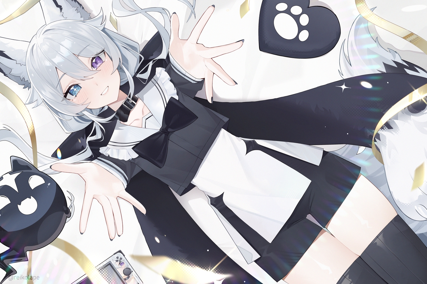 animal_ears, ave_lisek, bicolored_eyes, blush, bow, collar, foxgirl, game_console