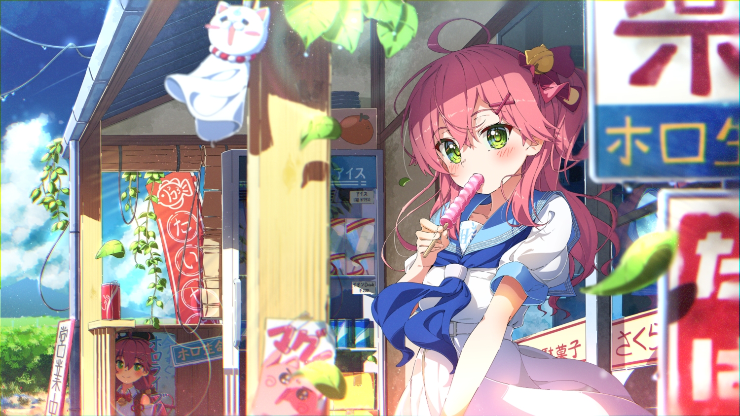 ama_rei, bell, blush, building, clouds, dress, green_eyes, hololive
