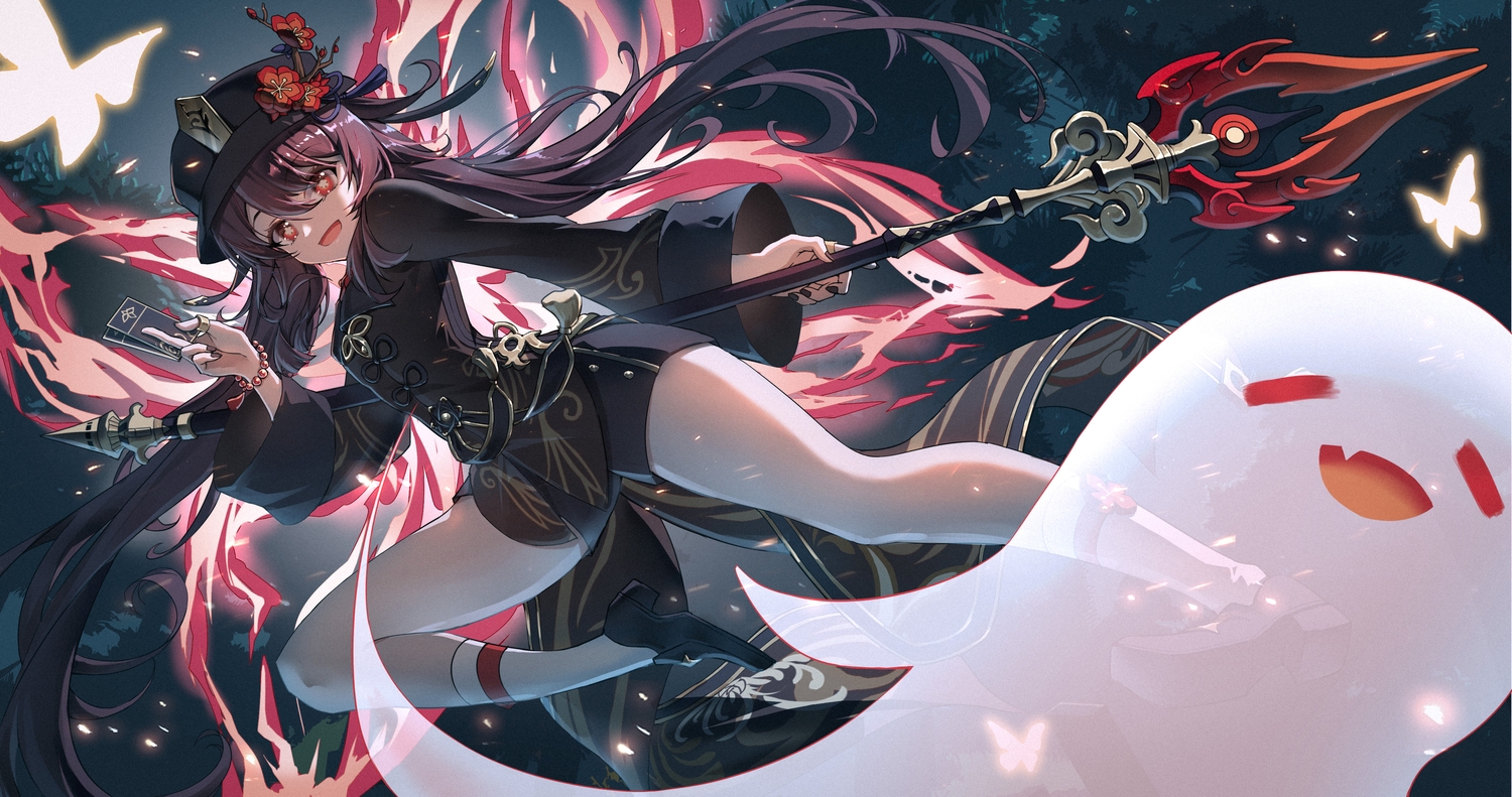 brown_hair, butterfly, chinese_clothes, flat_chest, genshin_impact, hat, hu_tao_(genshin_impact), kneehighs