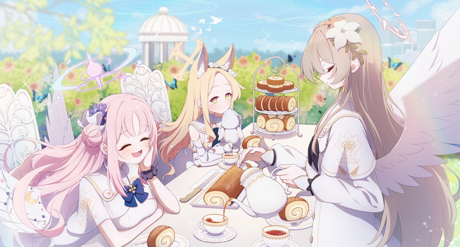 animal, animal_ears, bird, blonde_hair, blue_archive, blush, bow, brown_hair