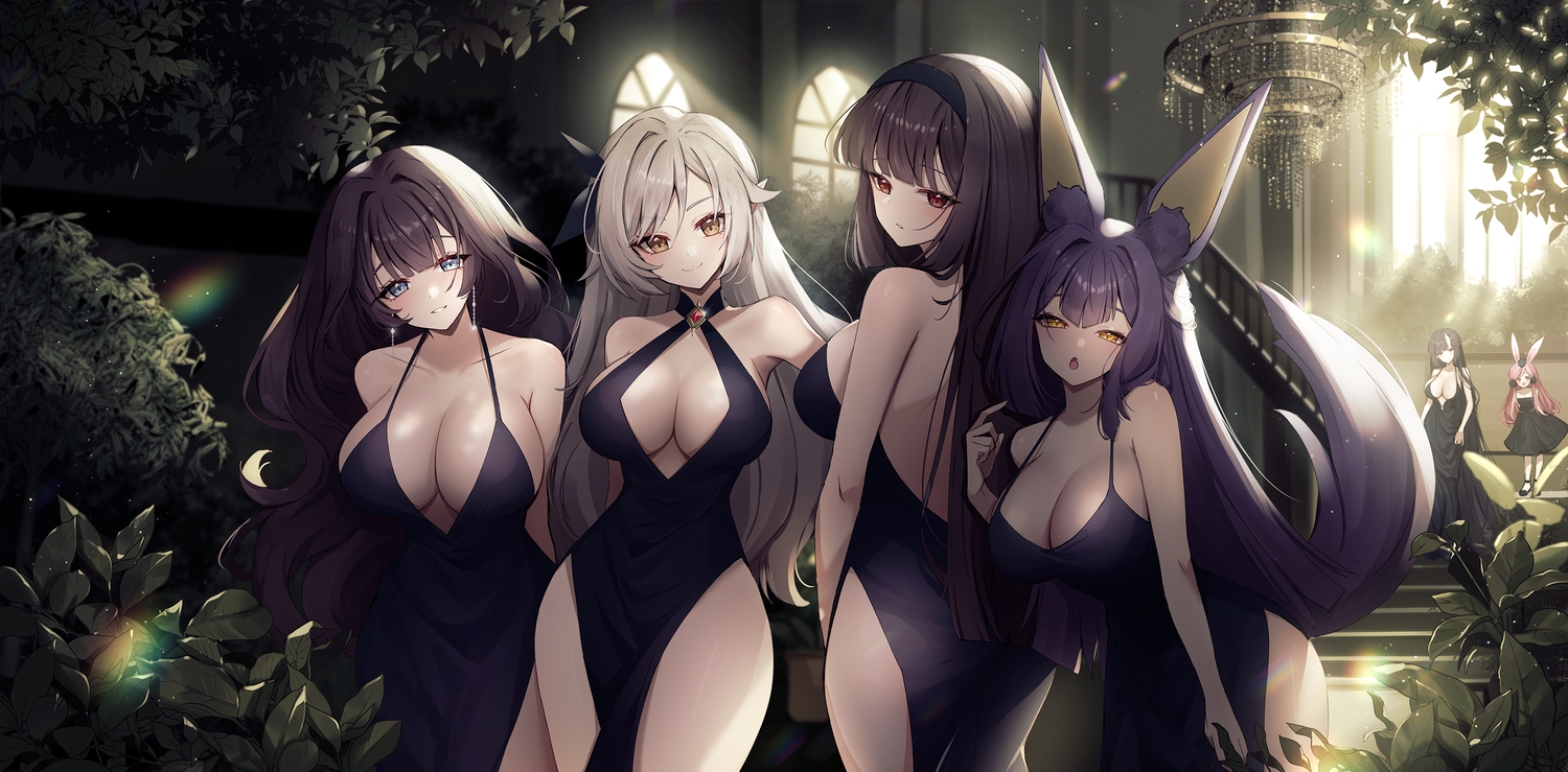 animal_ears, ankkoyom, ayame_(eversoul), black_hair, blue_eyes, breasts, brown_eyes, brown_hair, bunny_ears, bunnygirl, cleavage, dress, eversoul, fang, foxgirl, gray_hair, group, headband, horns, leaves, loli, long_hair, no_bra, pink_eyes, pink_hair, purple_hair, red_eyes, soonie_(eversoul), tagme_(character), tail, yellow_eyes