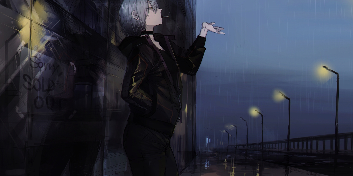 building, choker, cigarette, gray_hair, original, rain, ratatatat74, short_hair