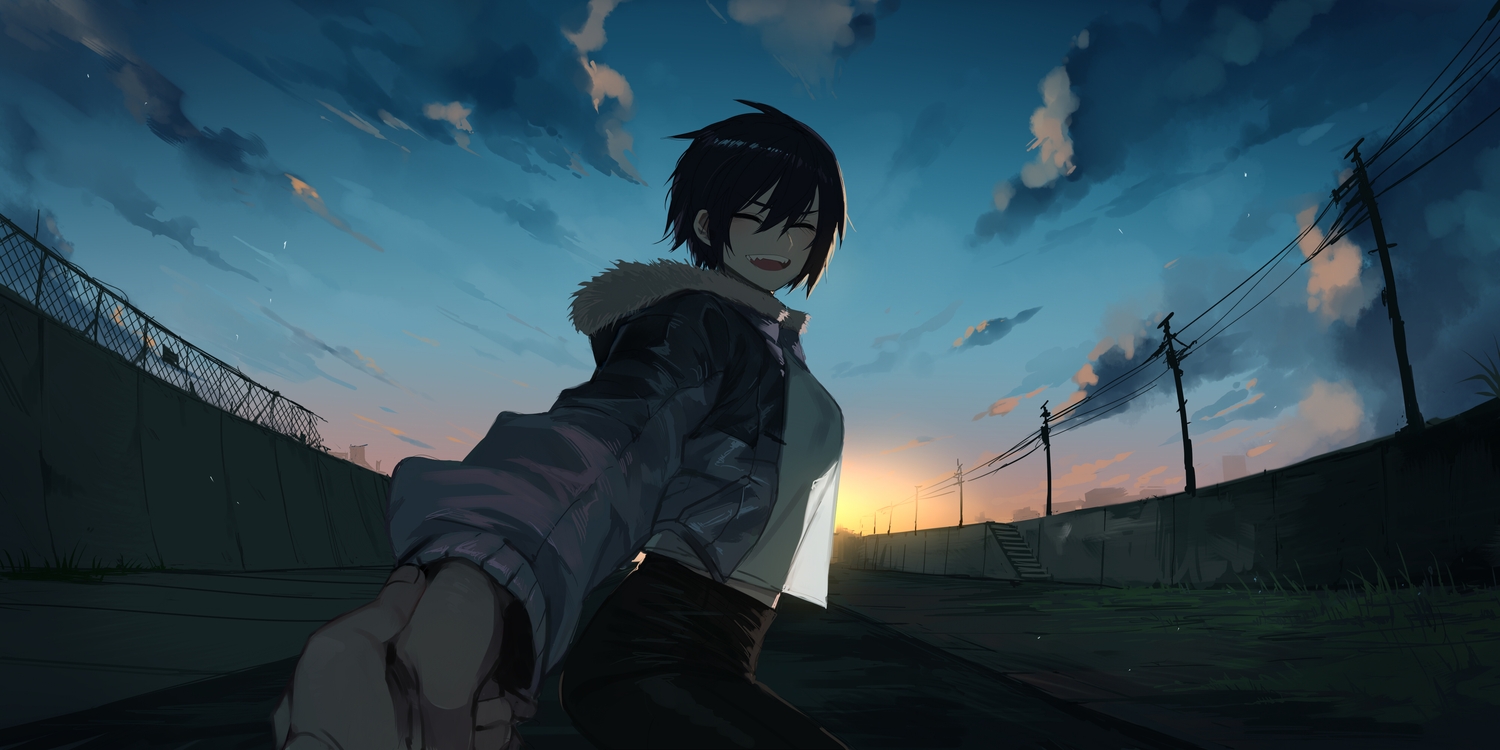 clouds, original, ratatatat74, short_hair, sketch, sky, sunset