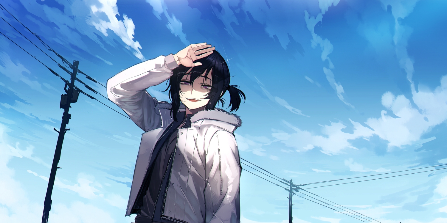 black_hair, clouds, hood, original, ponytail, purple_eyes, ratatatat74, short_hair