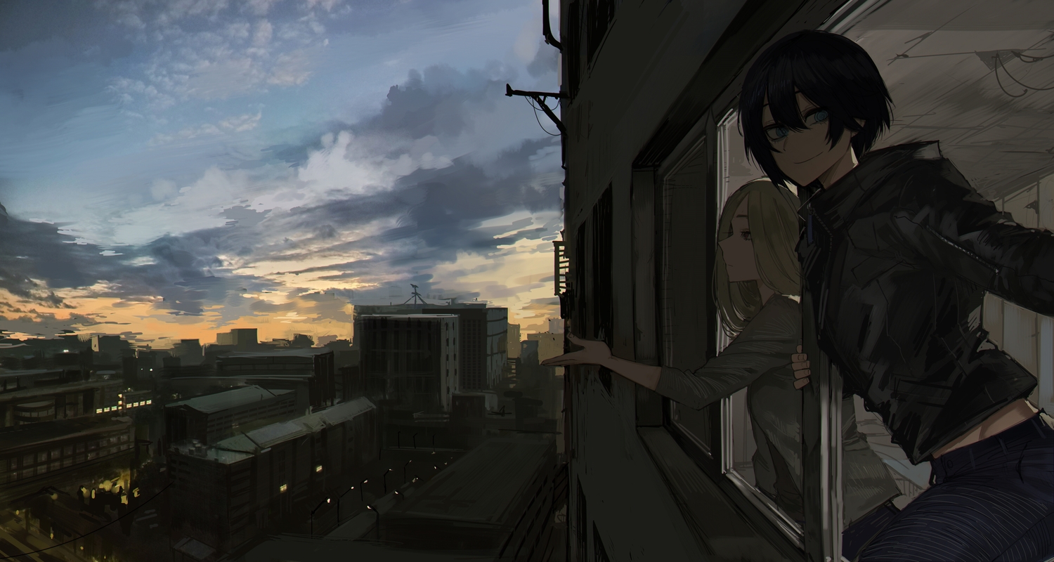 2girls, building, clouds, dark, original, ratatatat74, scenic, sketch, sky, sunset