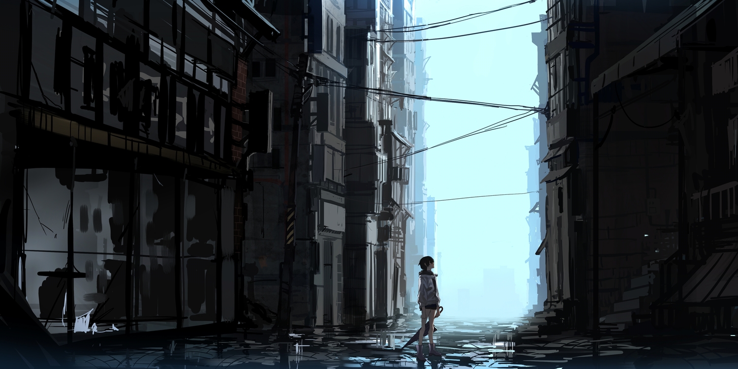 black_hair, boots, building, city, hood, original, ratatatat74, short_hair, shorts, sketch, stairs, umbrella, water