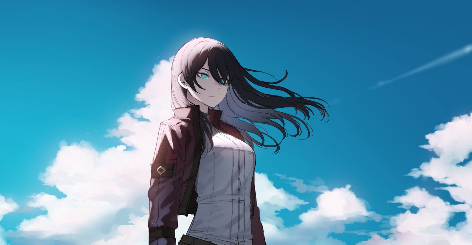 aqua_eyes, black_hair, clouds, long_hair, original, ratatatat74, sketch, sky