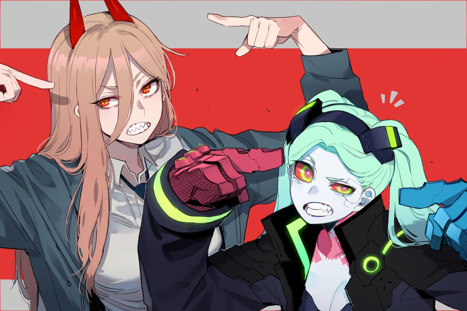 2girls, brown_hair, chainsaw_man, crossover, cyberpunk_2077, cyberpunk:_edgerunners, fang, green_hair, horns, long_hair, power_(chainsaw_man), ratatatat74, rebecca_(cyberpunk), red_eyes, sketch, twintails
