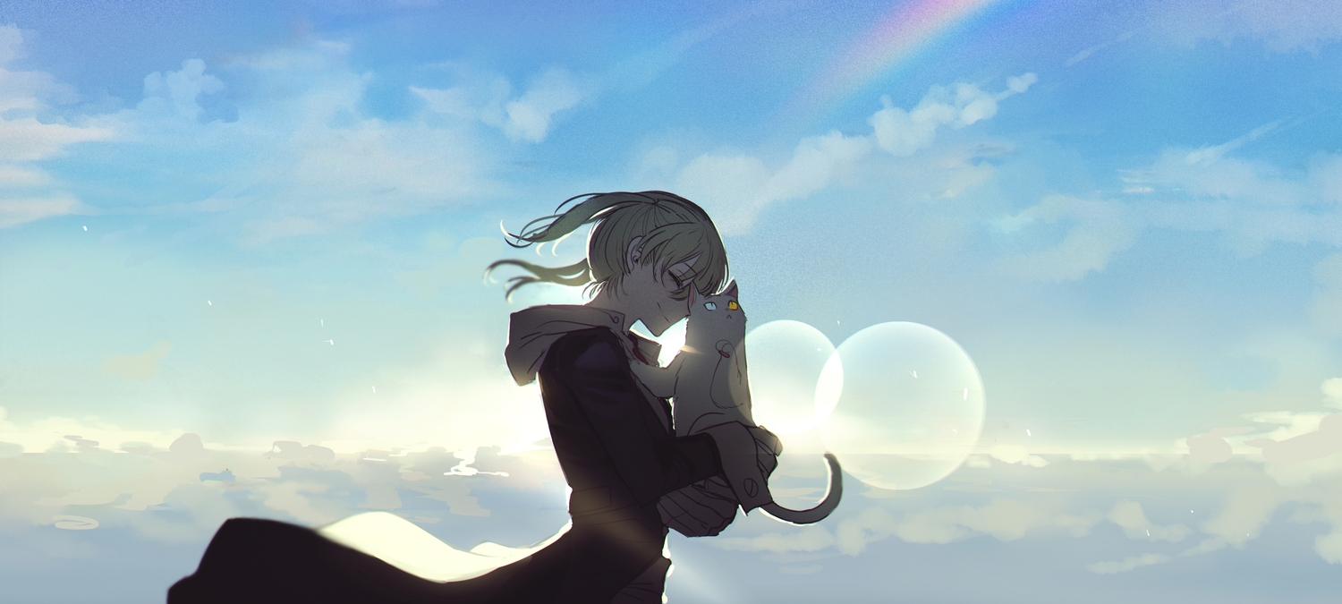 animal, blonde_hair, blush, cat, clouds, gloves, hood, maka_albarn