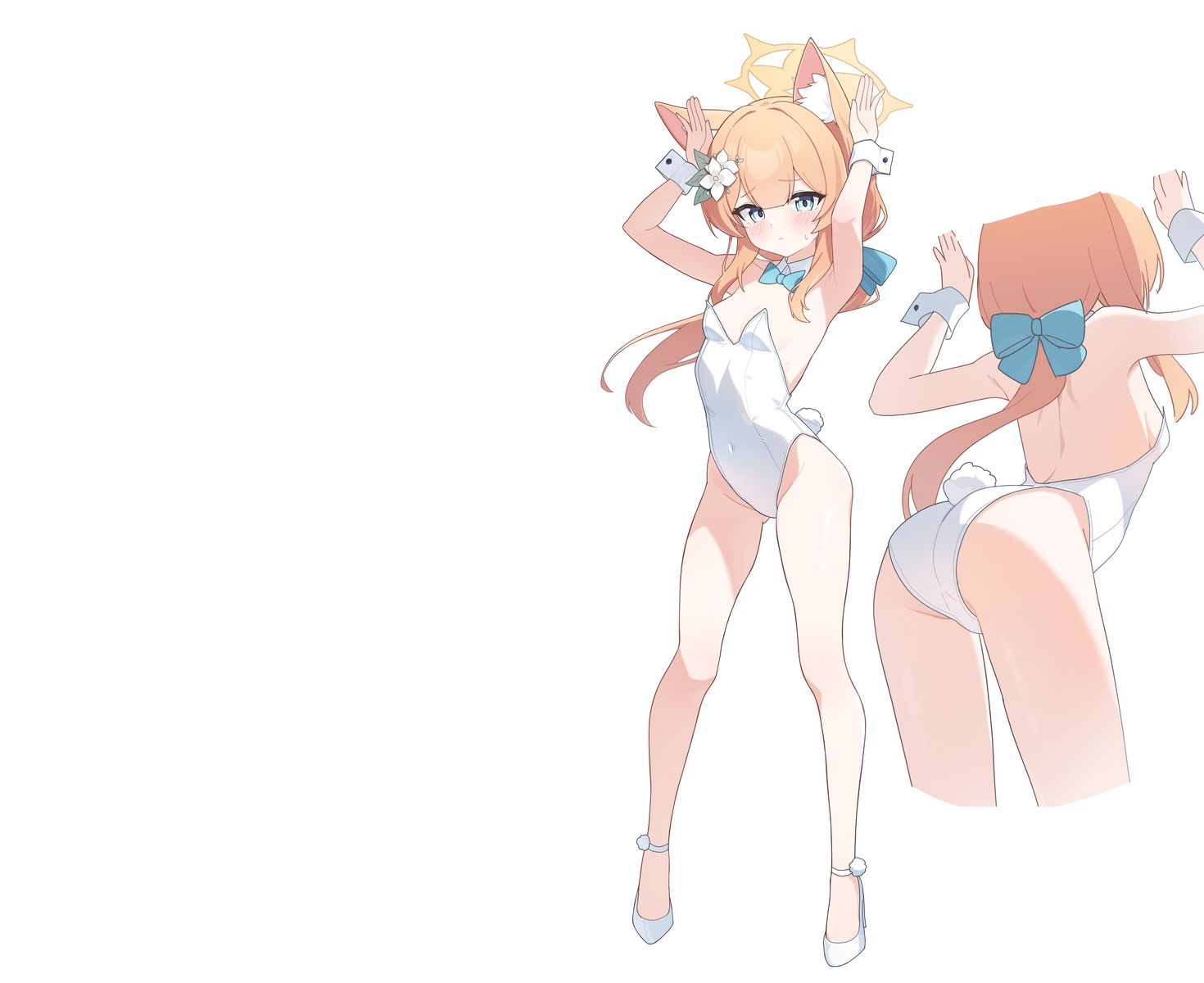 ass, blue_archive, blue_eyes, blush, bow, breasts, catgirl, halo