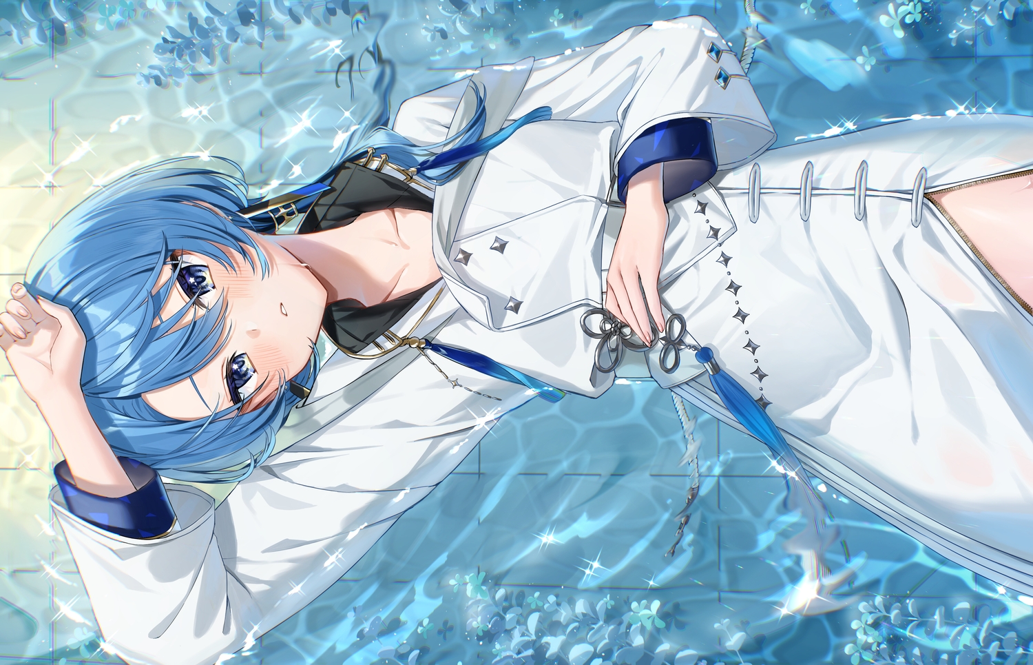 blue_eyes, blue_hair, flowers, hololive, hoshimachi_suisei, long_hair, runlan_0329, water