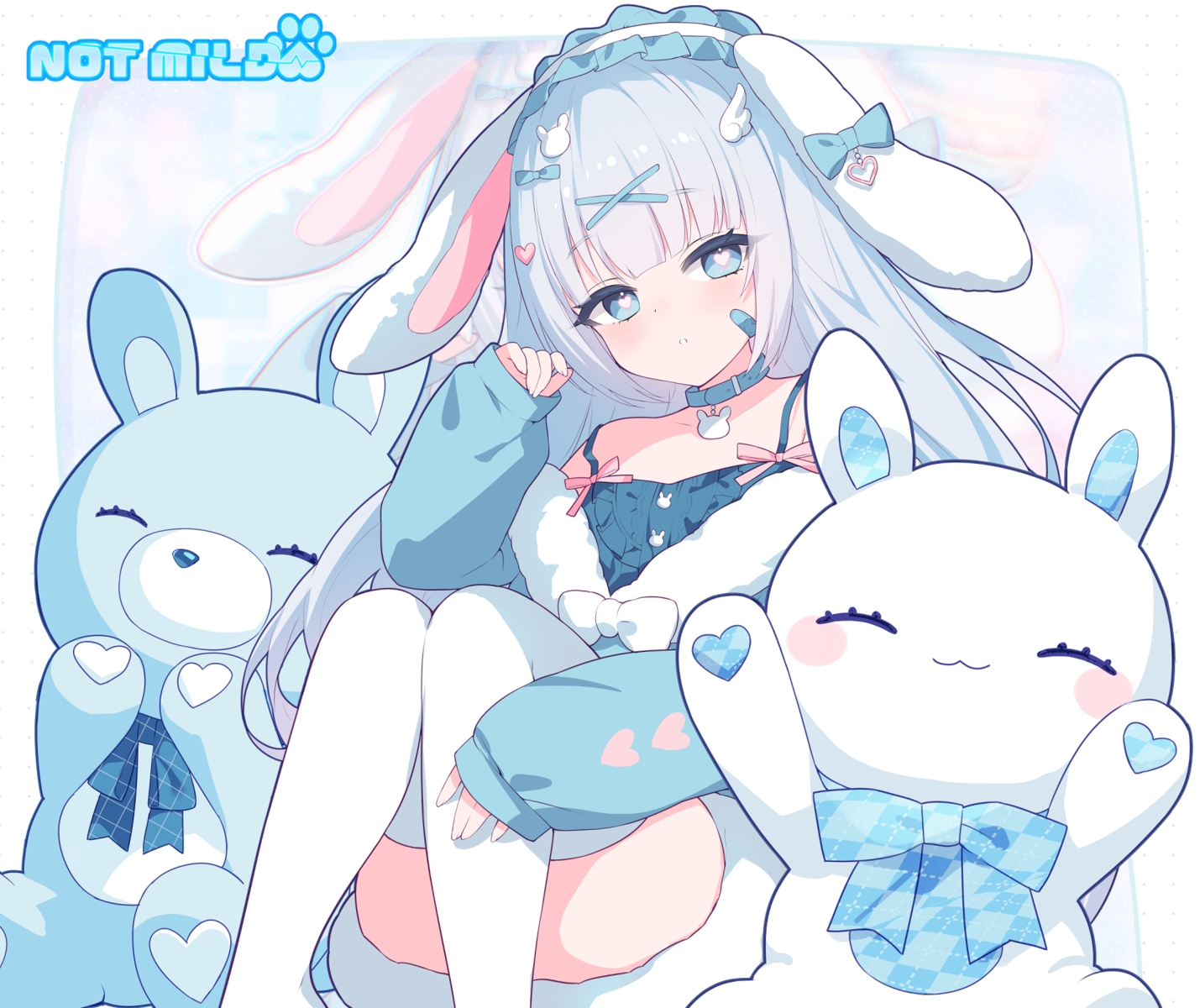 animal_ears, bandaid, blue_eyes, bow, bunny, bunny_ears, collar, gray_hair