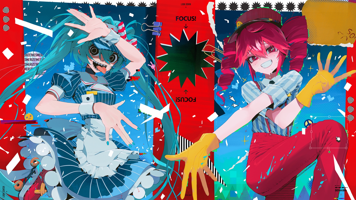 2girls, apron, aqua_hair, black_eyes, bow, choker, fang, gloves