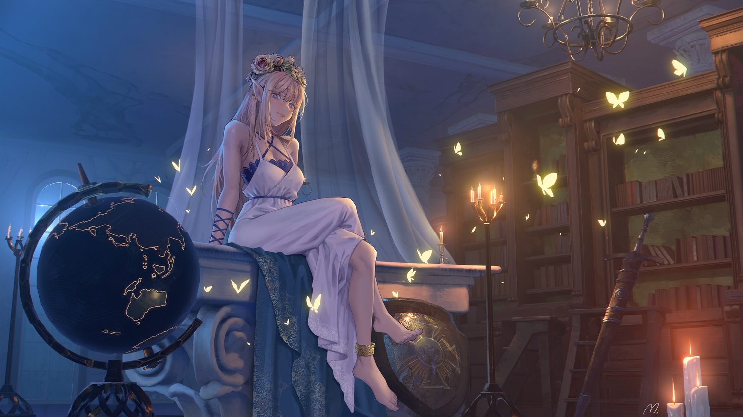 3d, barefoot, blonde_hair, blue_eyes, blush, book, breasts, butterfly
