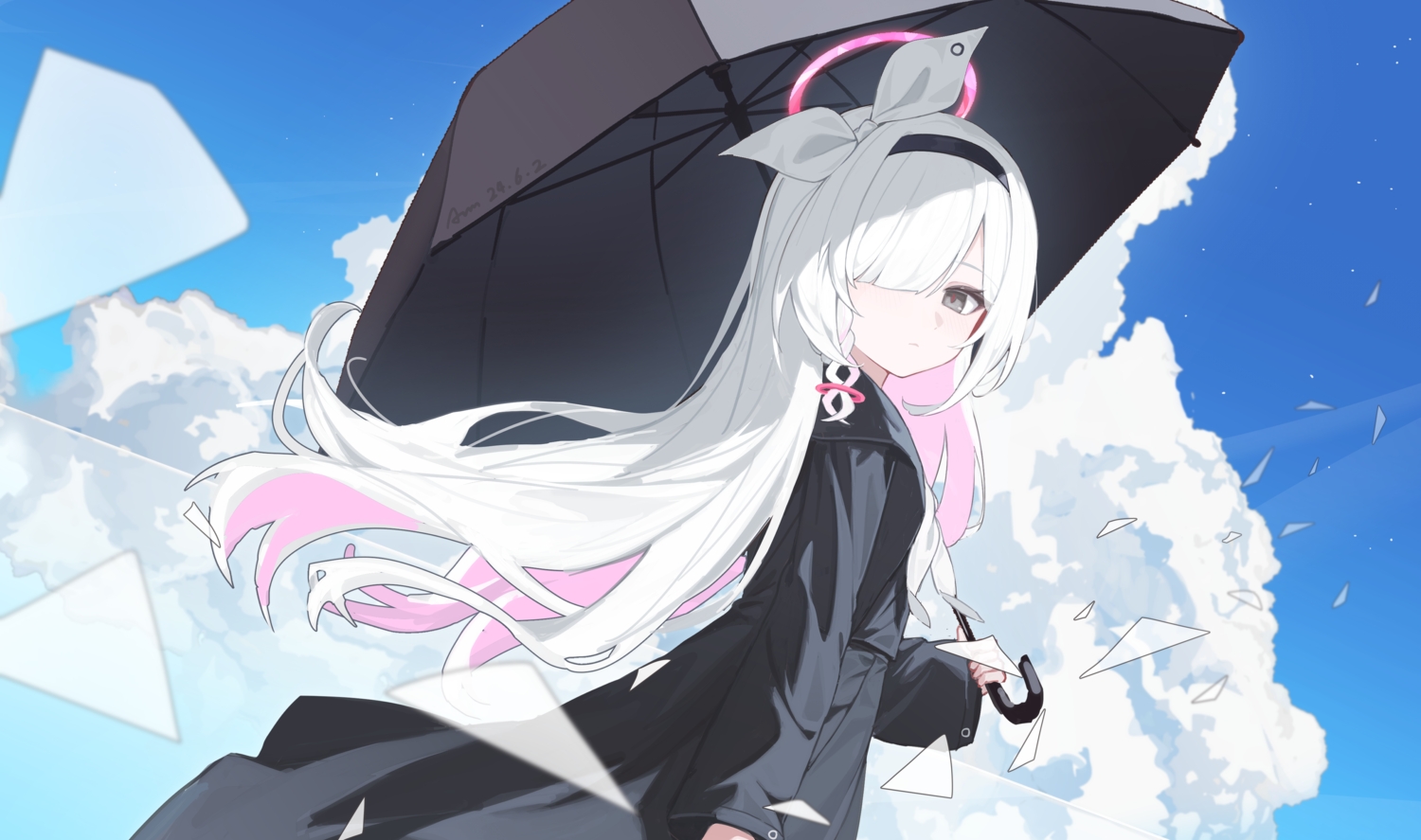 black_eyes, blue_archive, blush, braids, chiyo_akira, clouds, dress, headband