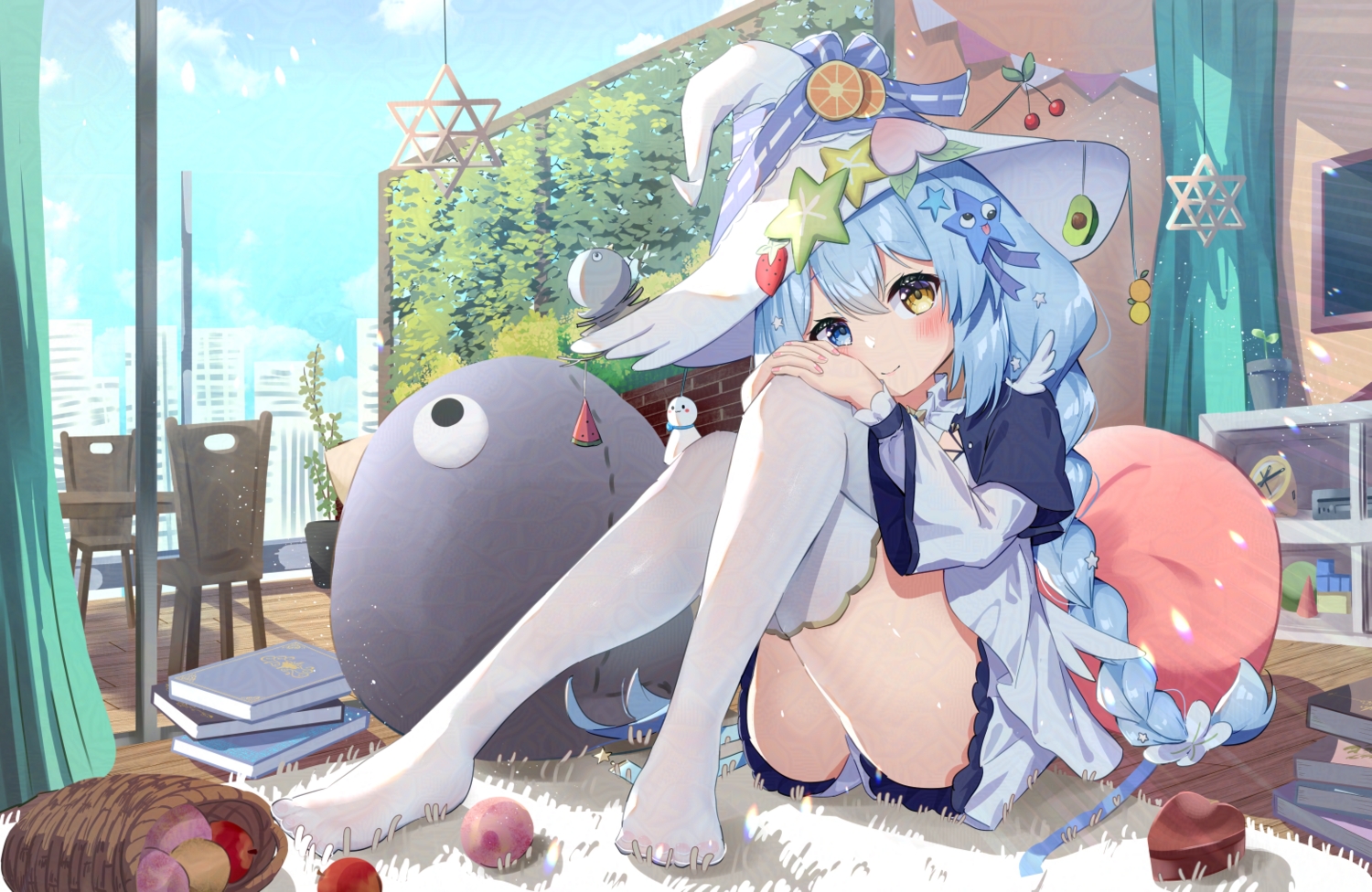 apple, bicolored_eyes, blue_hair, blush, book, bow, braids, building