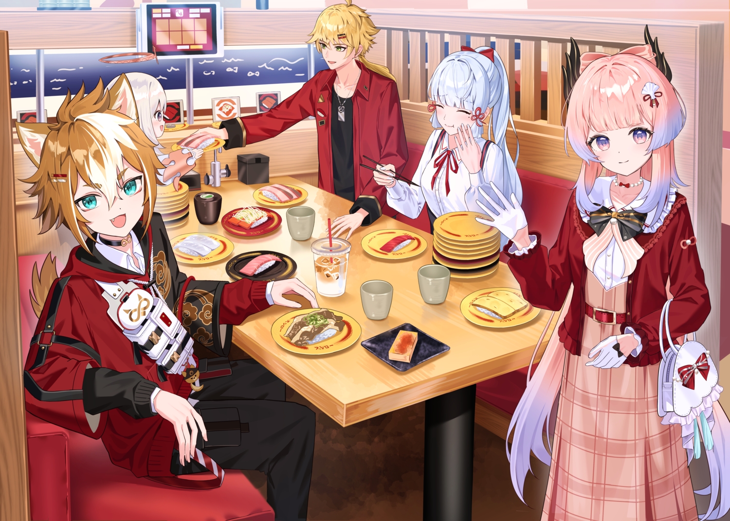 animal_ears, aqua_eyes, black_eyes, blonde_hair, blue_hair, bow, brown_hair, choker