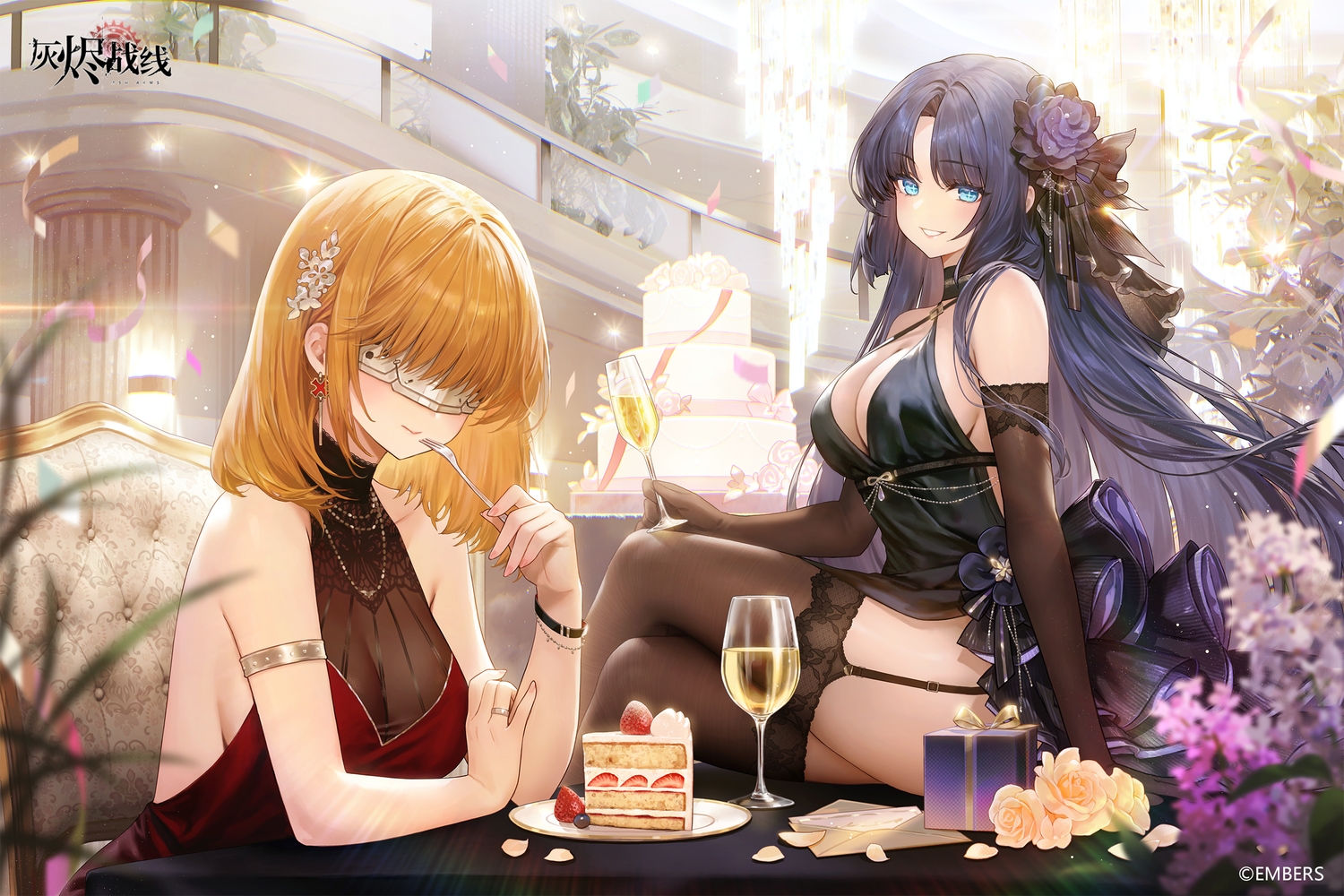 2girls, adelie_cat, anthropomorphism, ash_arms, black_hair, blue_eyes, bow, breasts
