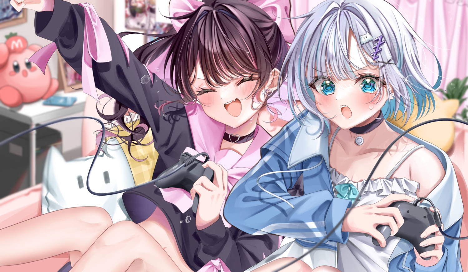 2girls, aqua_eyes, black_hair, blush, bow, choker, fang, game_console