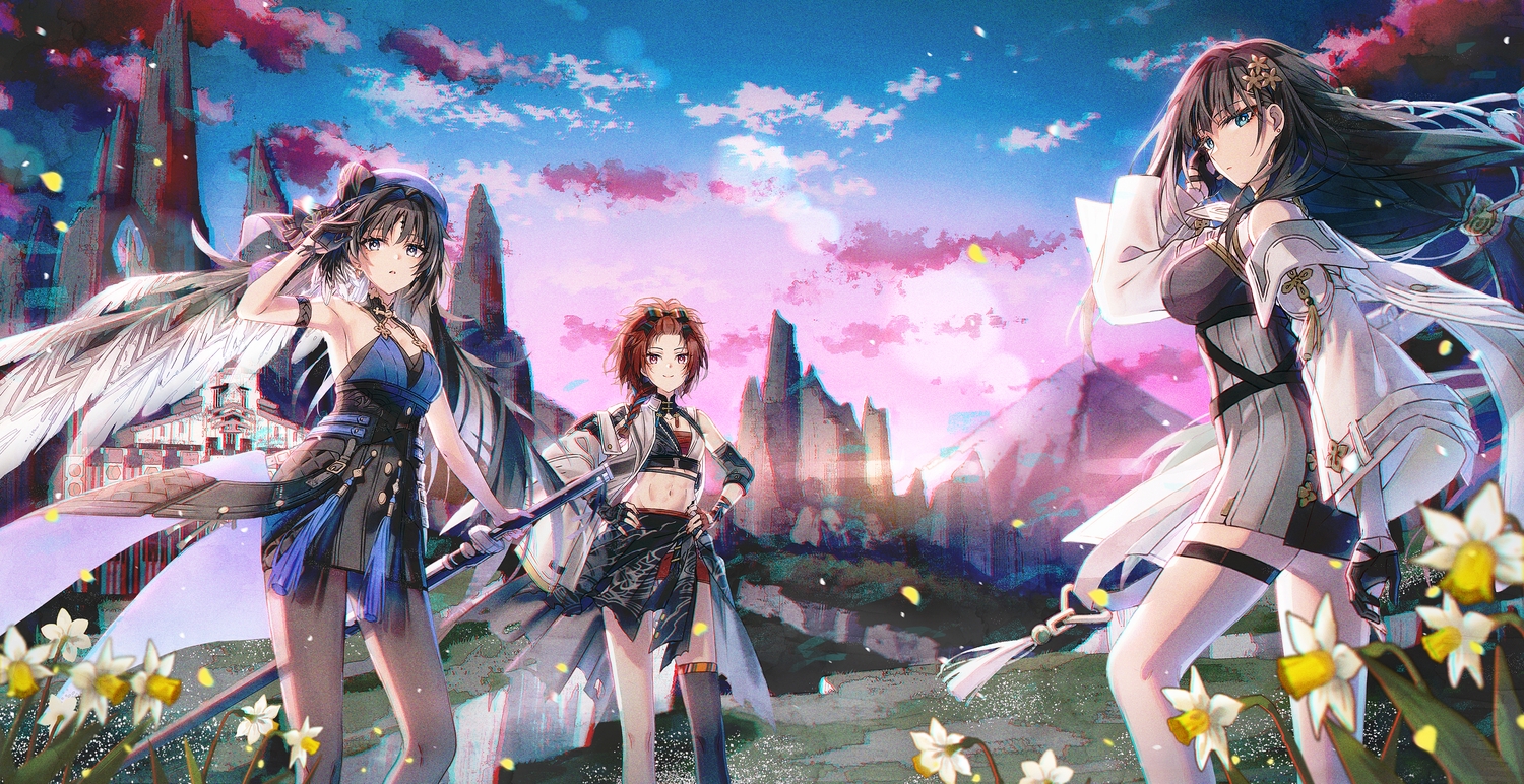aqua_eyes, baizhi_(wuthering_waves), black_hair, bow, braids, building, chinese_clothes, chixia_(wuthering_waves)