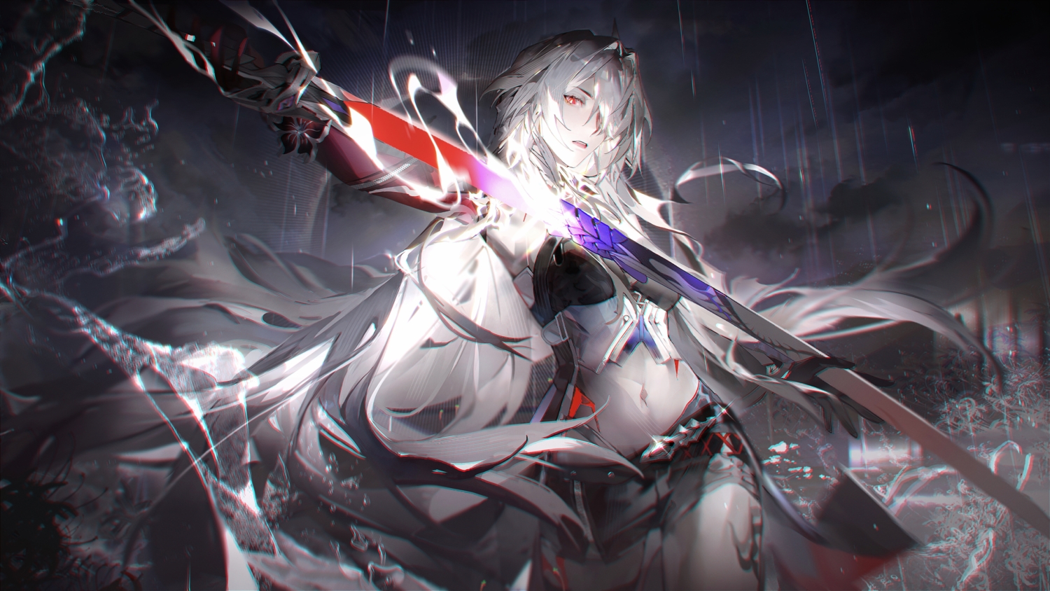 acheron_(honkai:_star_rail), aliasing, clouds, gloves, honkai_(series), honkai:_star_rail, llmia4, long_hair, magic, navel, rain, red_eyes, shorts, sky, sword, tattoo, water, weapon, white_hair